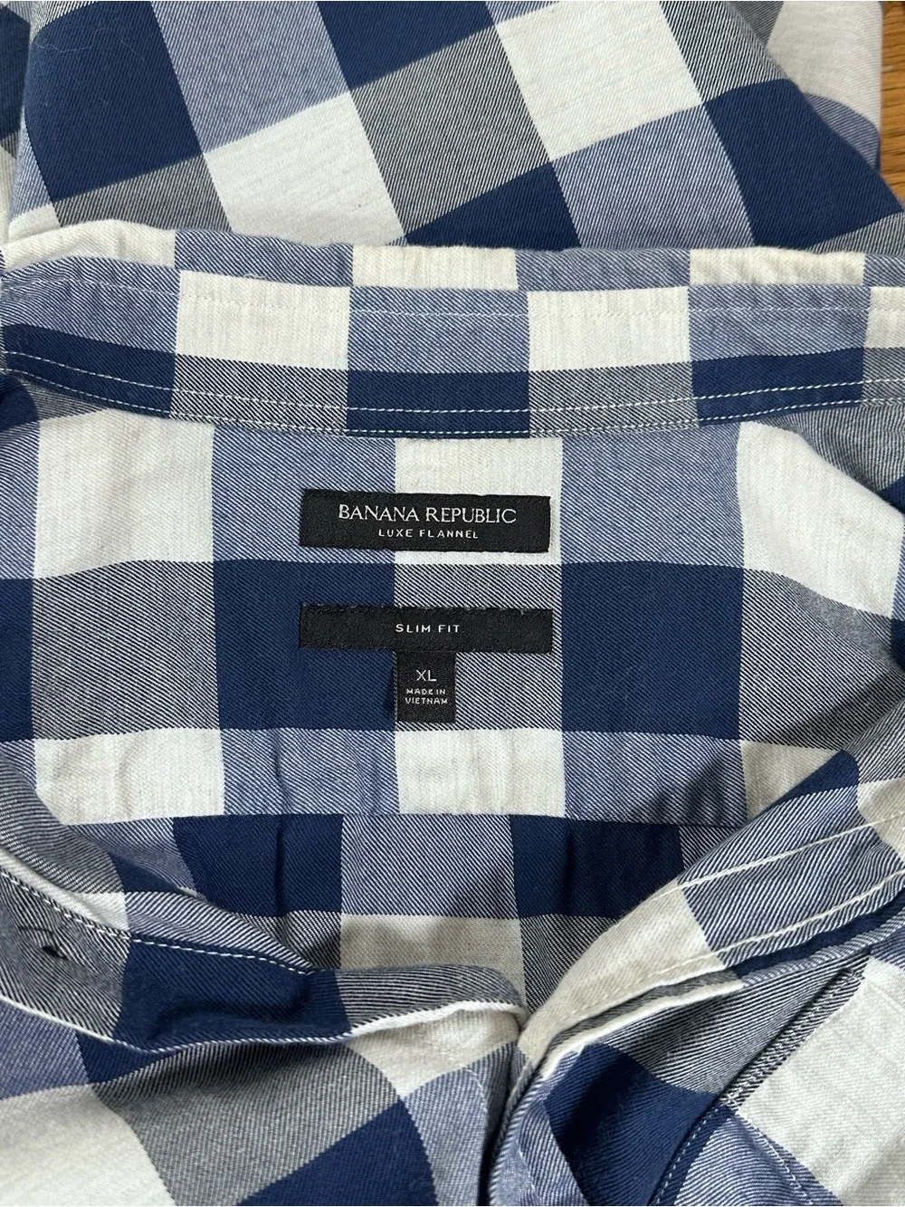 Banana Republic Men XL Grant Fit Luxe Flannel Shirt Blue White Buffalo Check EUC